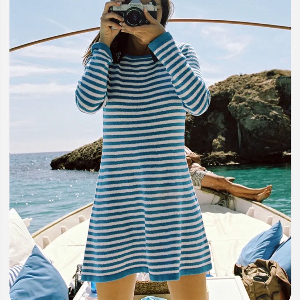 Striped Open-Back Mini Dress - Blue/White - Picture 8 of 12